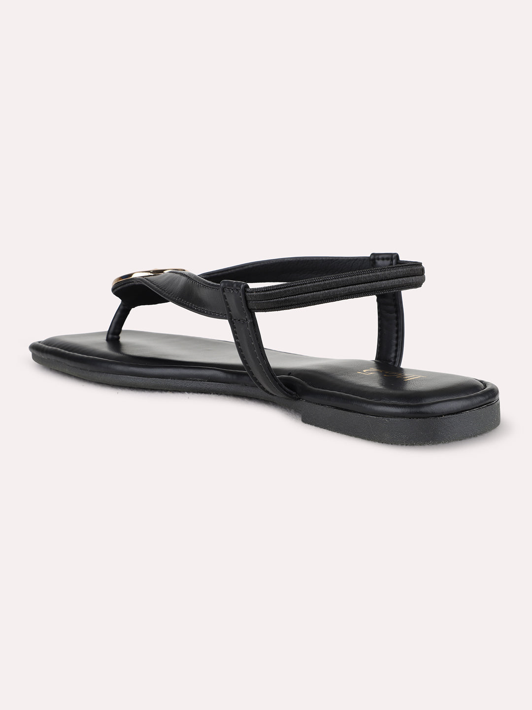 Womens Black Casual Solid T-Strap Flat Sandals