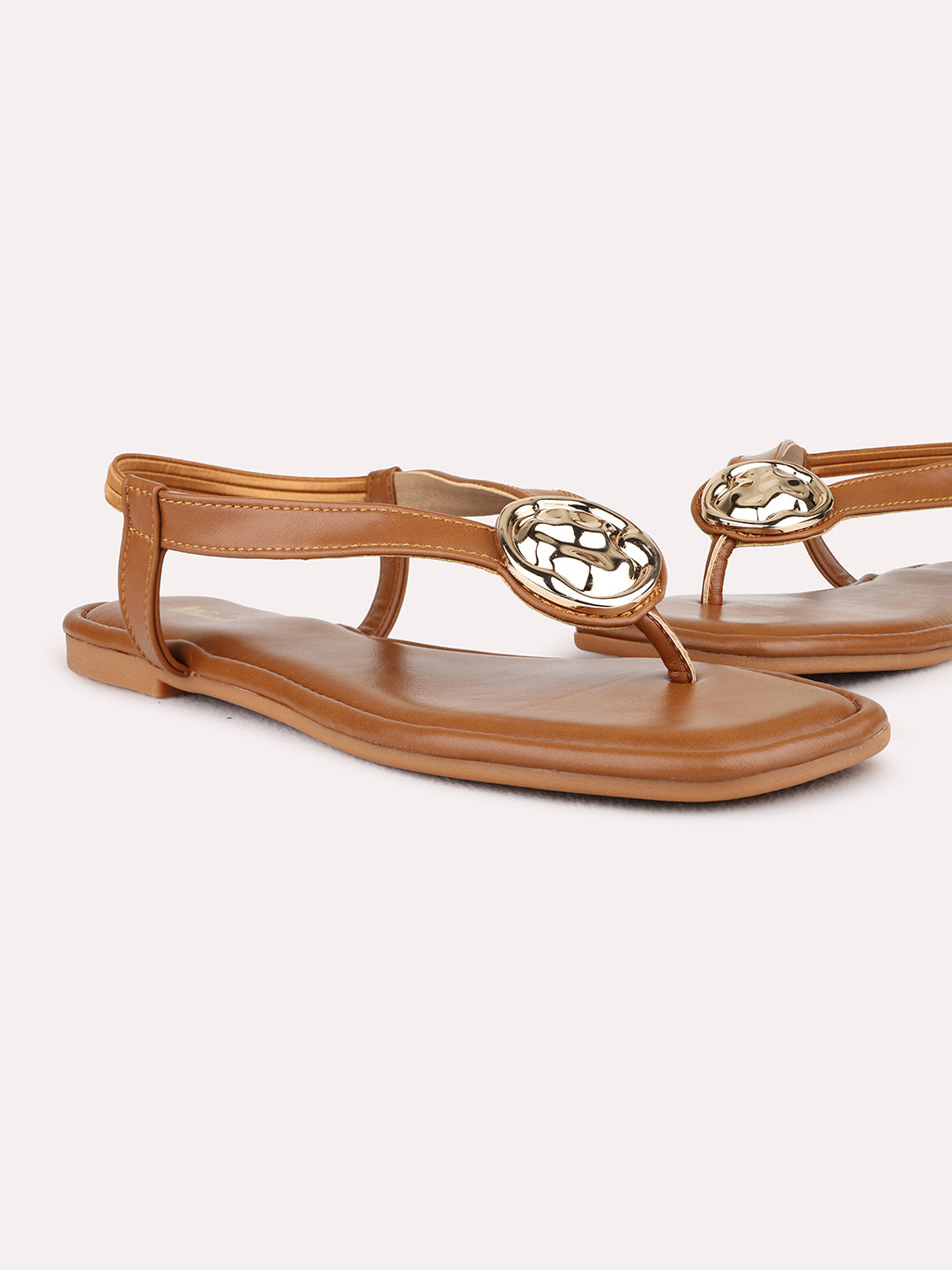 Womens Tan Casual Solid T-Strap Flat Sandals