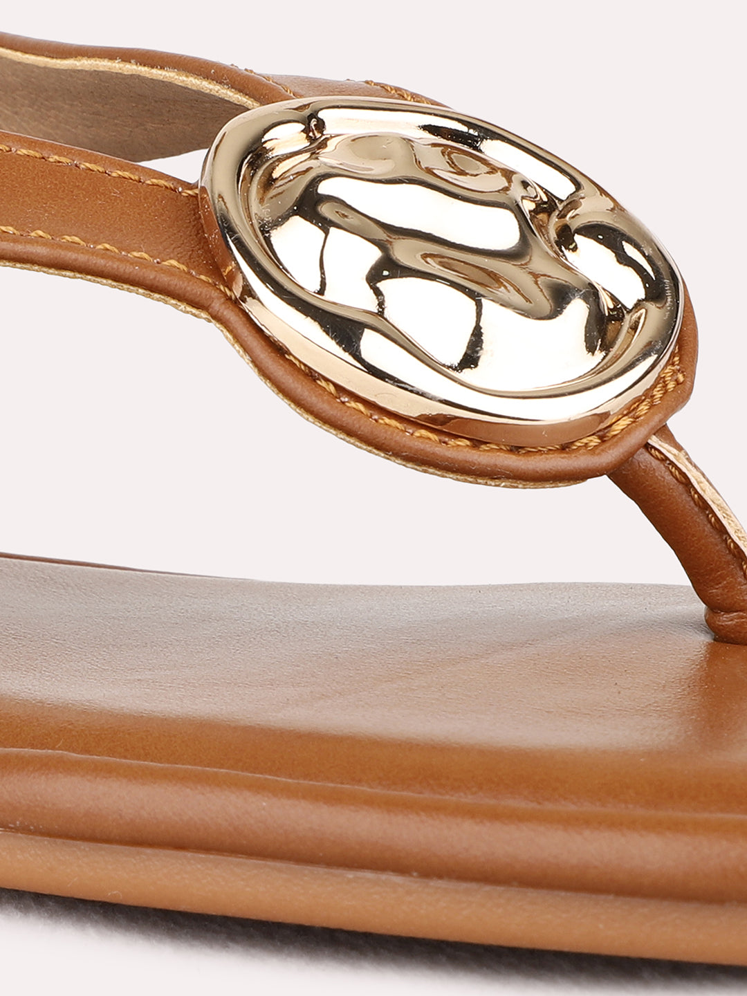 Womens Tan Casual Solid T-Strap Flat Sandals