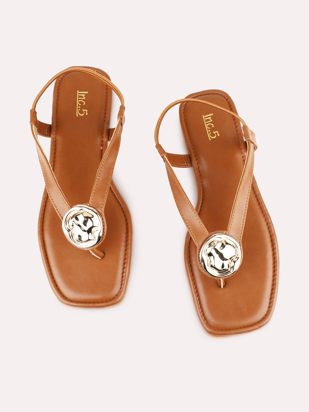 Womens Tan Casual Solid T-Strap Flat Sandals