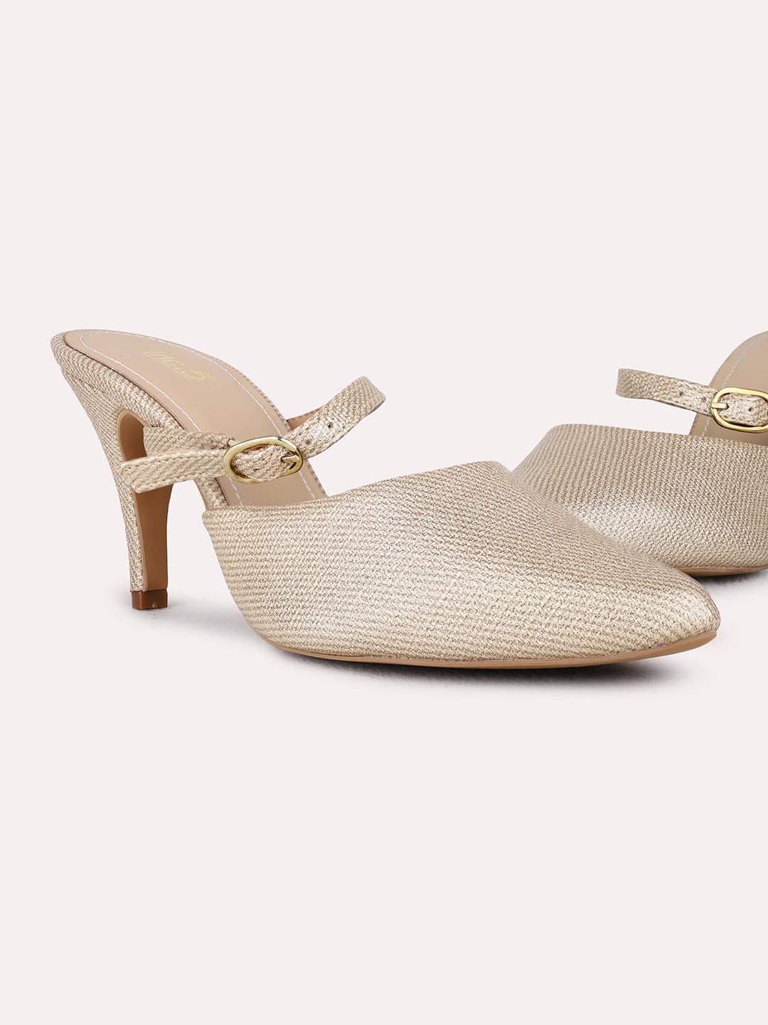 Womens Golden Party Wear Solid Pointed Toe Kitten Heel Mules