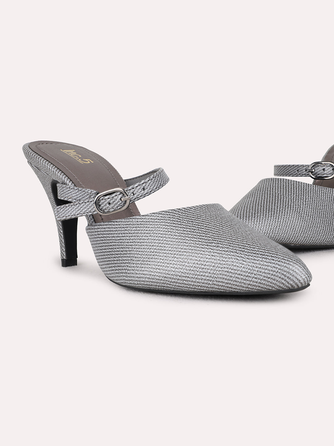 Womens Pewter Party Wear Solid Pointed Toe Kitten Heel Mules