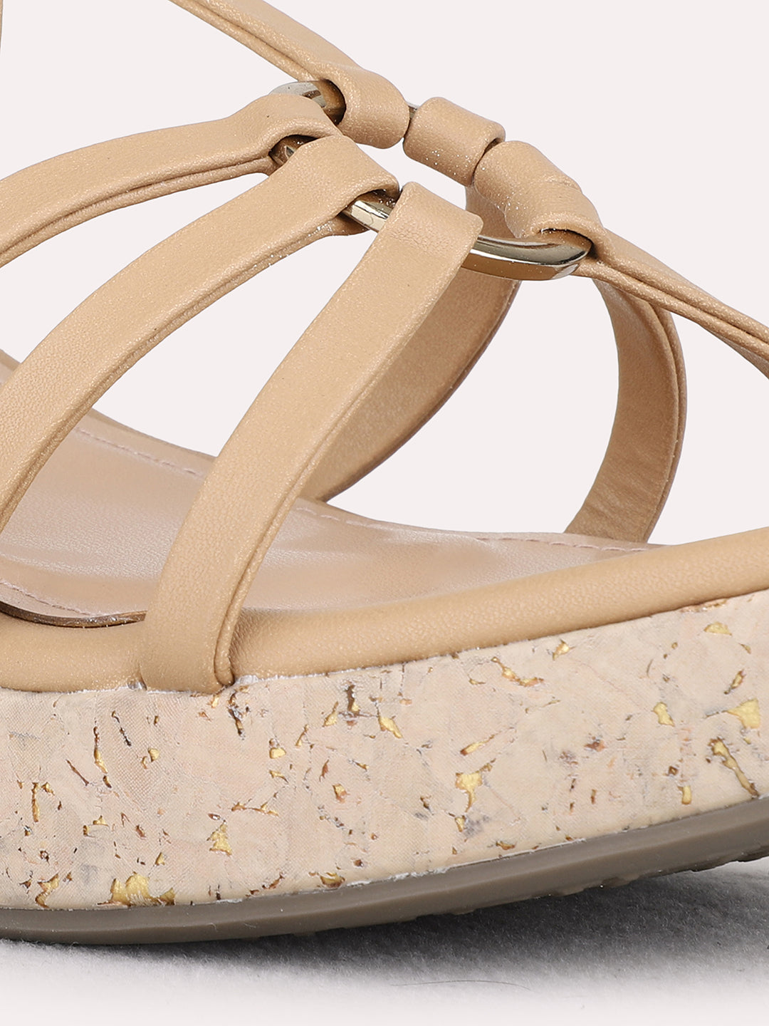 Womens Beige Party Wear Striped Round Toe Platform Heel Sandals