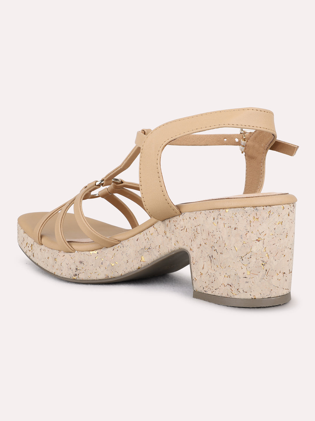 Womens Beige Party Wear Striped Round Toe Platform Heel Sandals