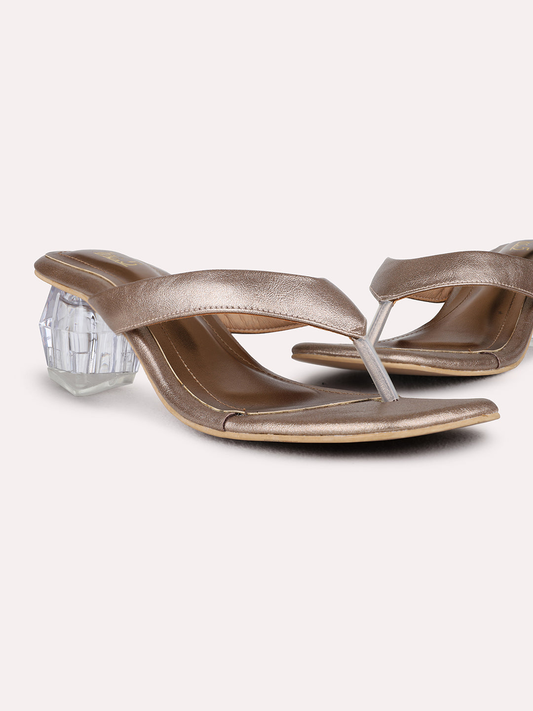 Womens Golden Party Wear Solid Square Toe Block Heel Sandals