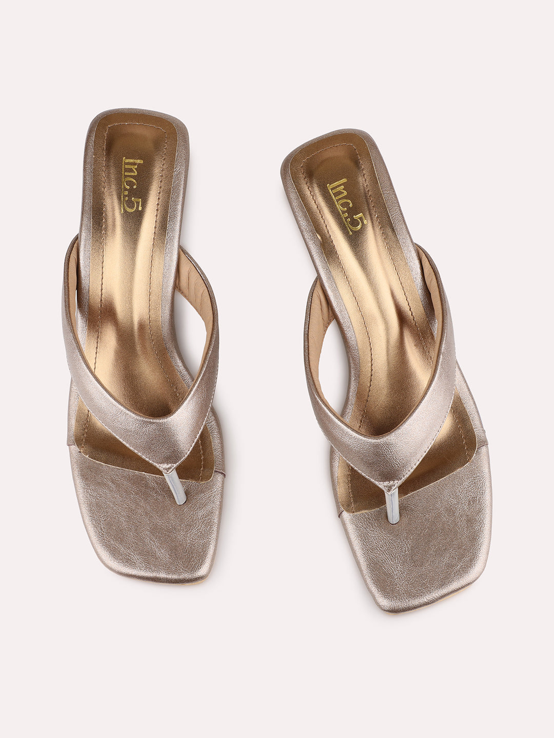 Womens Golden Party Wear Solid Square Toe Block Heel Sandals