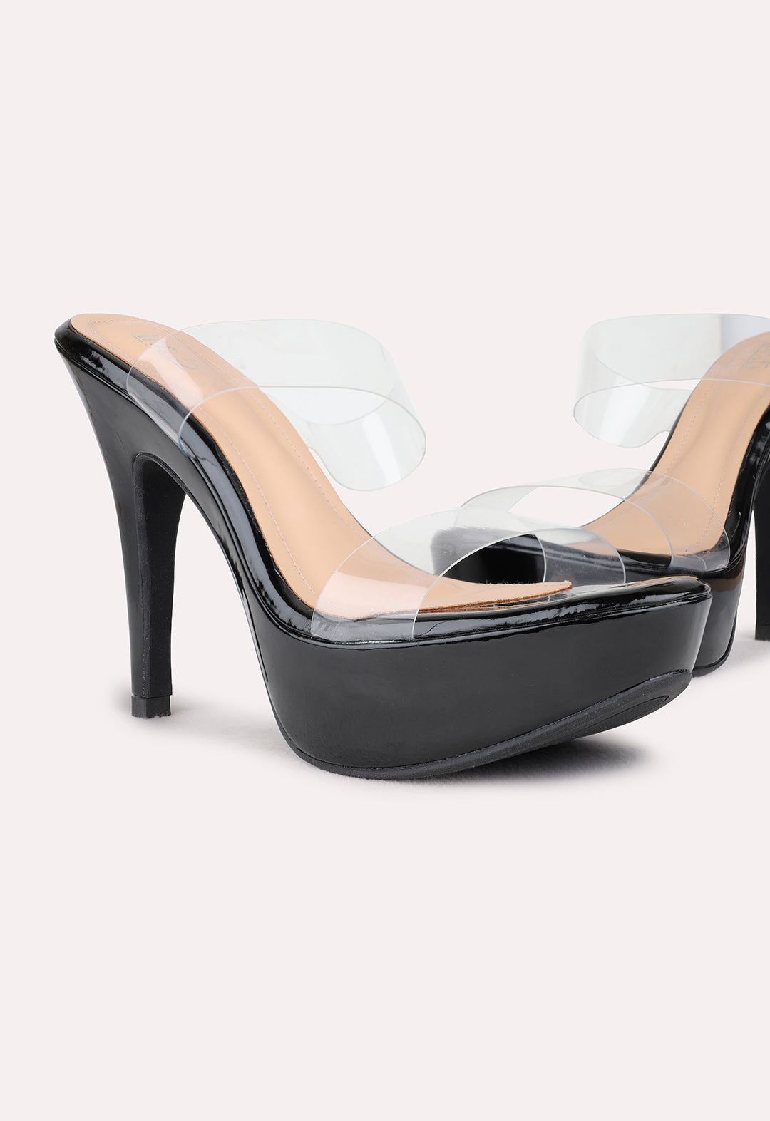 Womens Black Party Wear Transparent Round Toe Stiletto Heel Sandals