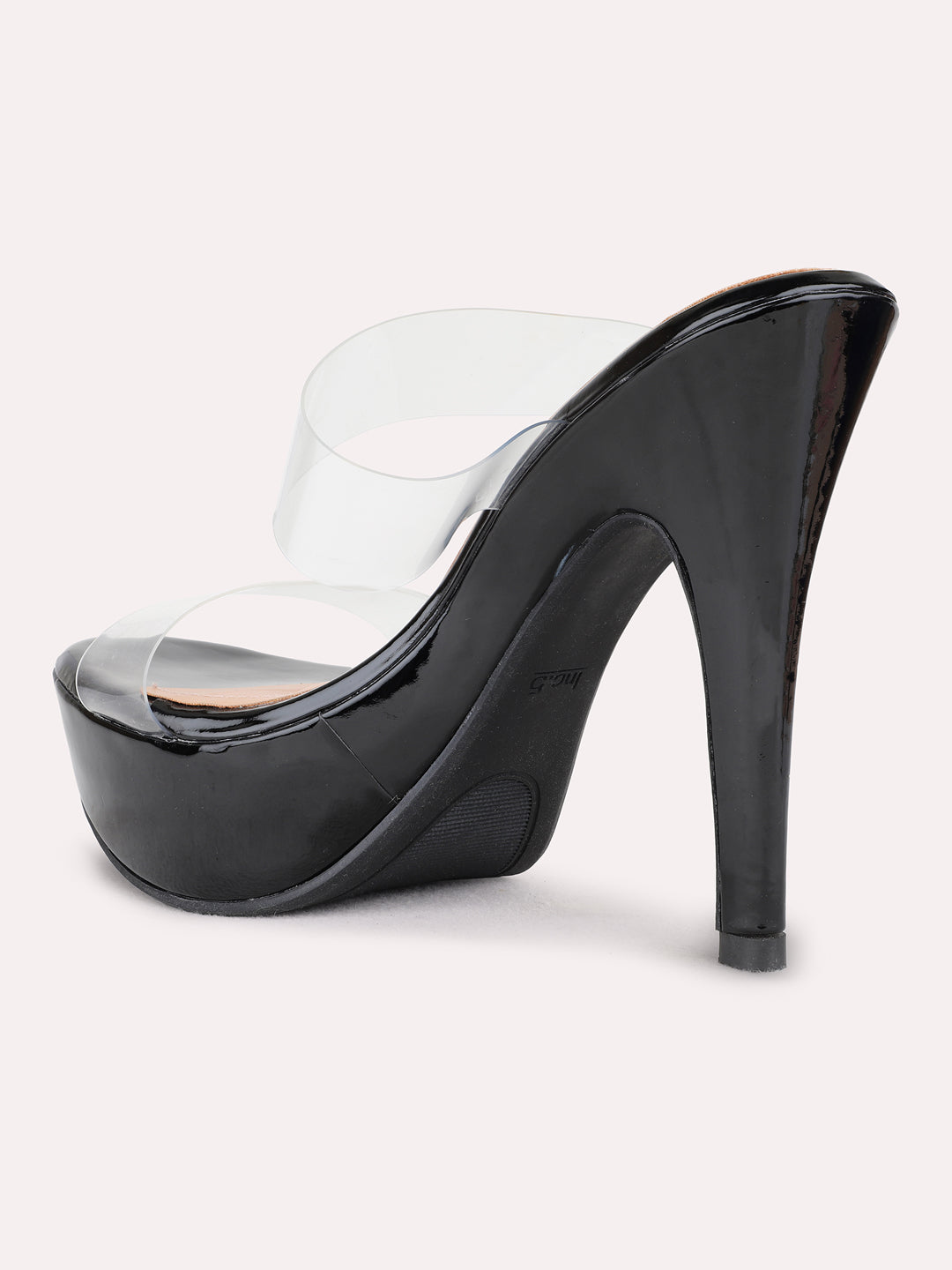 Womens Black Party Wear Transparent Round Toe Stiletto Heel Sandals