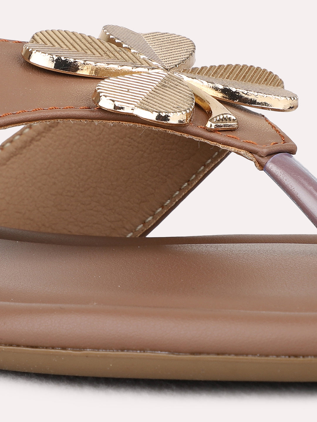 Womens Beige Casual Solid T-Strap Flat Sandals