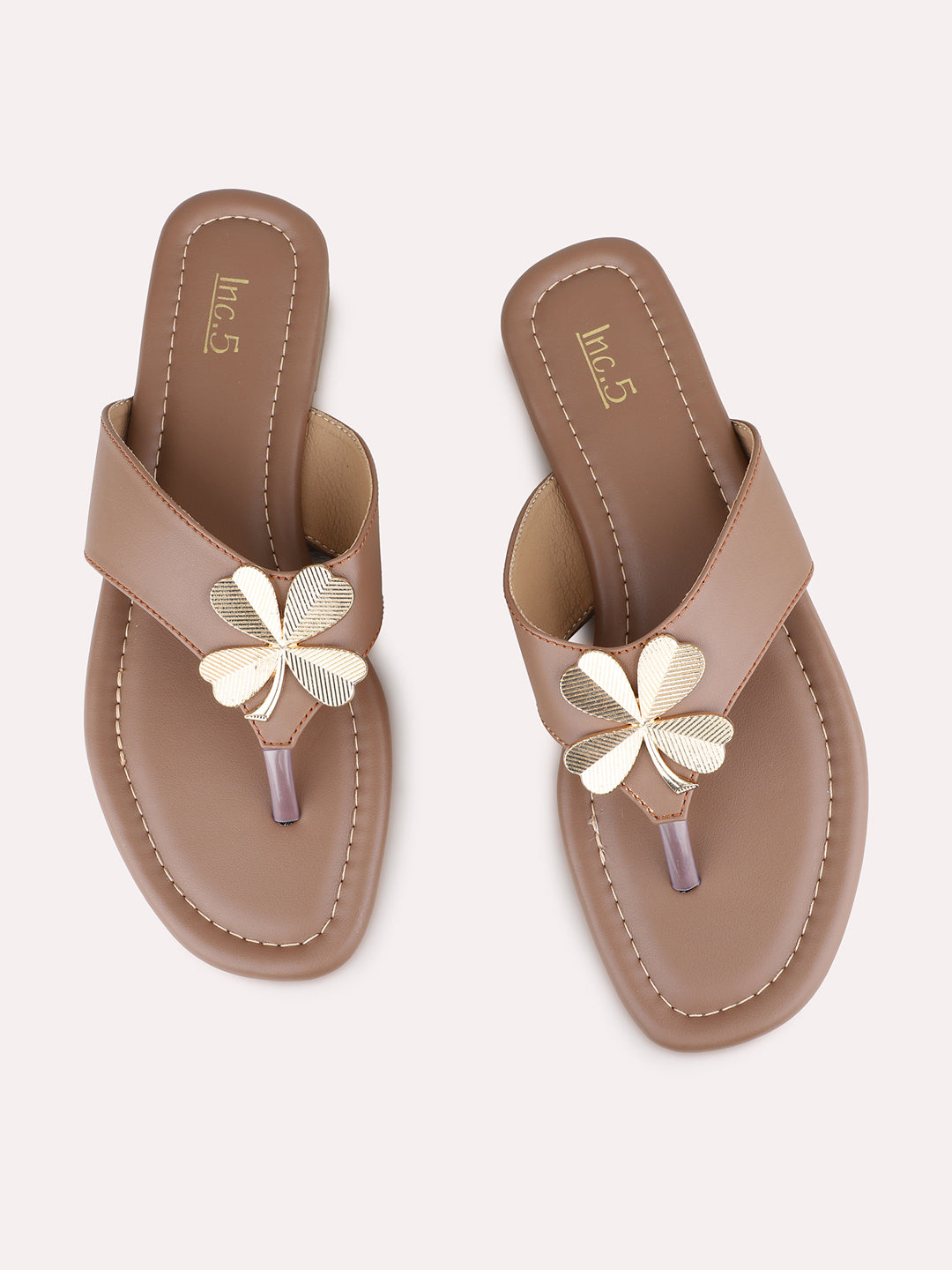 Womens Beige Casual Solid T-Strap Flat Sandals