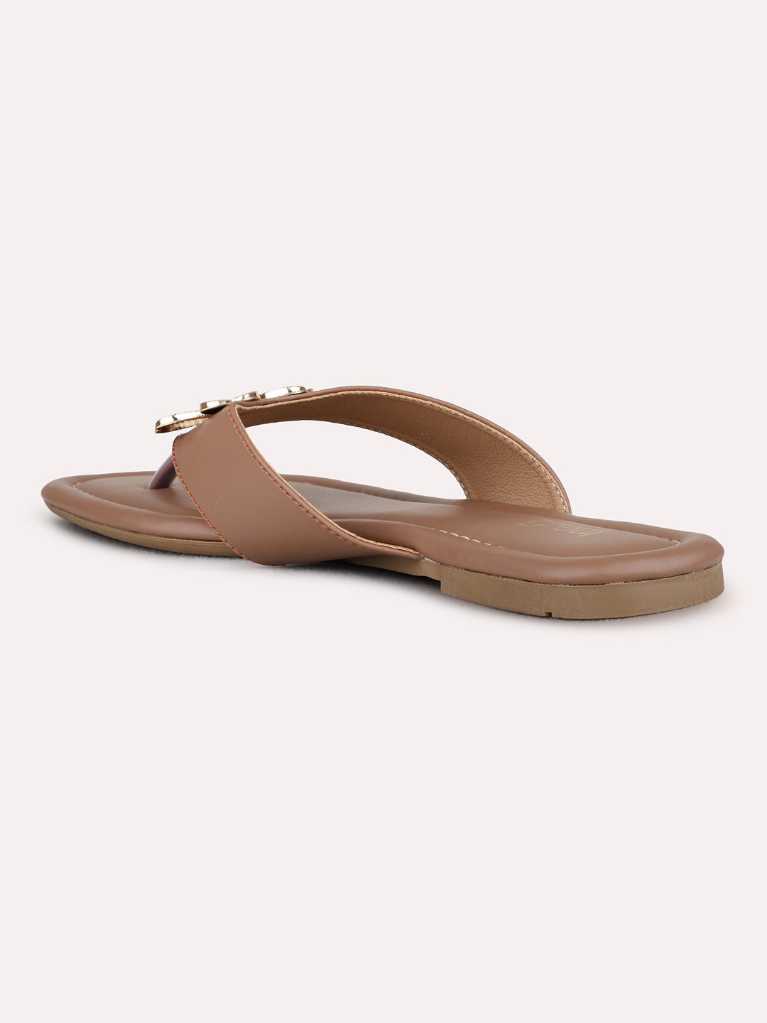 Womens Beige Casual Solid T-Strap Flat Sandals