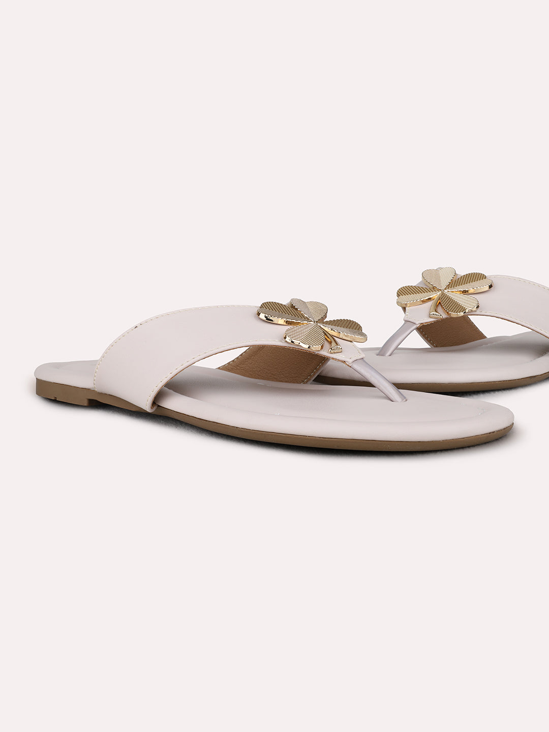 Womens Cream Casual Solid T-Strap Flat Sandals