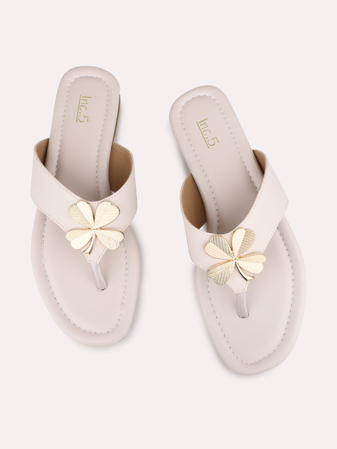 Womens Cream Casual Solid T-Strap Flat Sandals