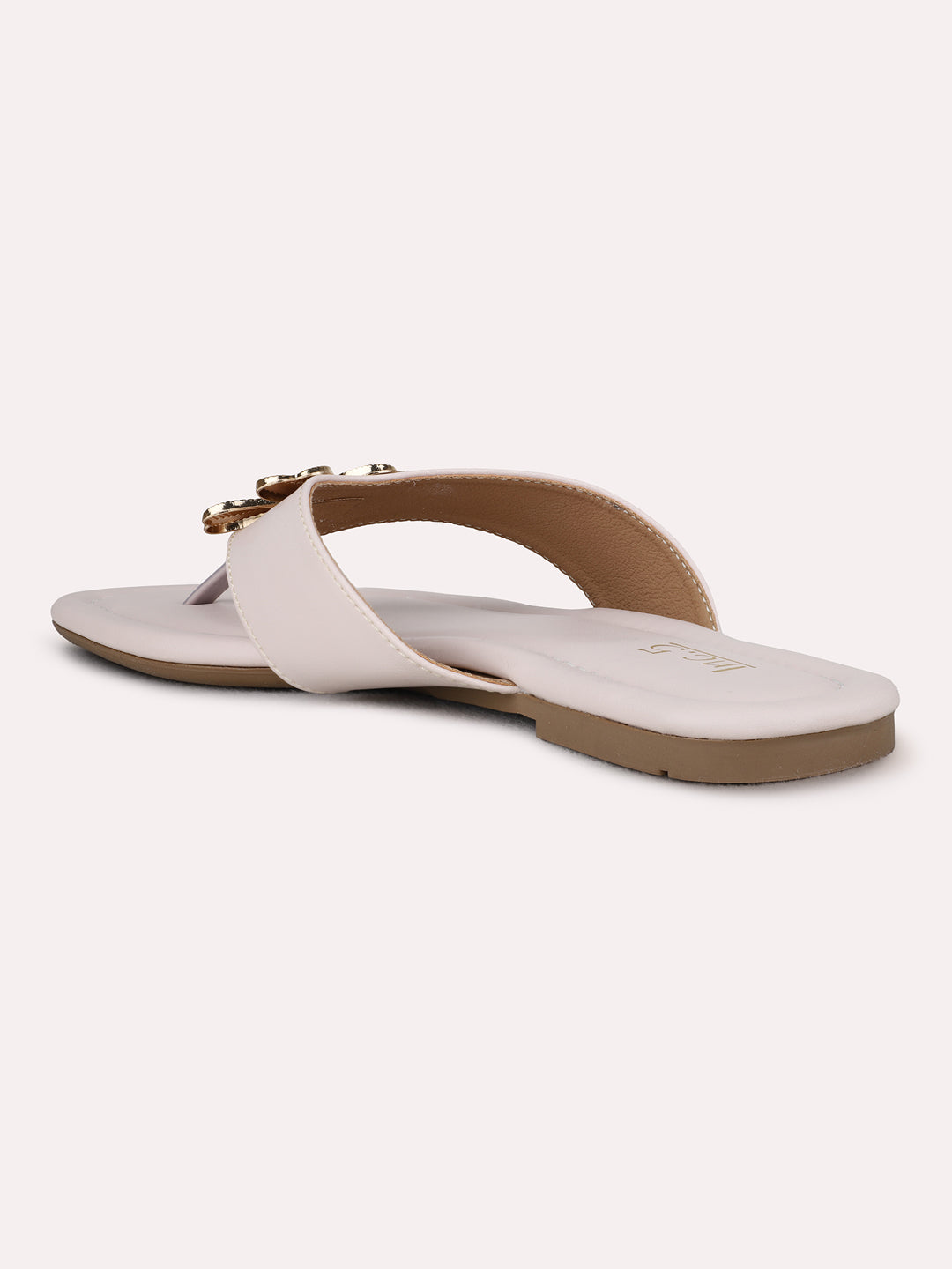 Womens Cream Casual Solid T-Strap Flat Sandals