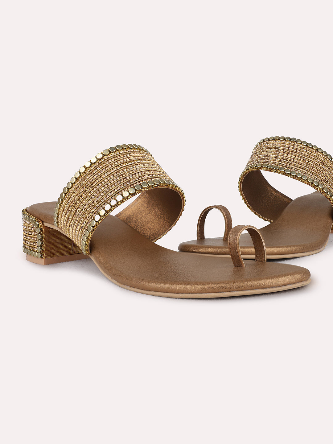Womens Golden Ethnic Pattern Embellished Round Toe Block Heels