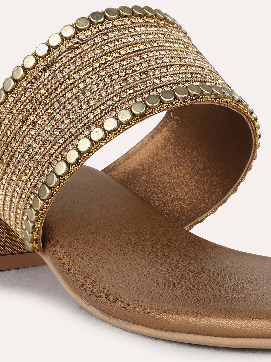 Womens Golden Ethnic Pattern Embellished Round Toe Block Heels