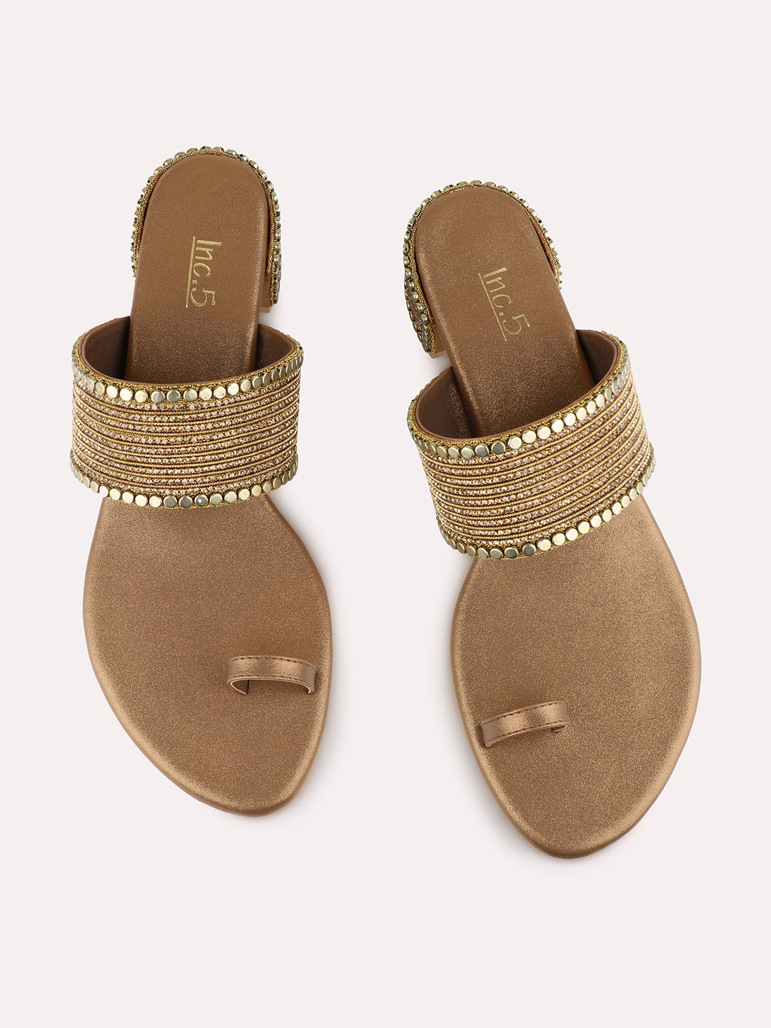 Womens Golden Ethnic Pattern Embellished Round Toe Block Heels