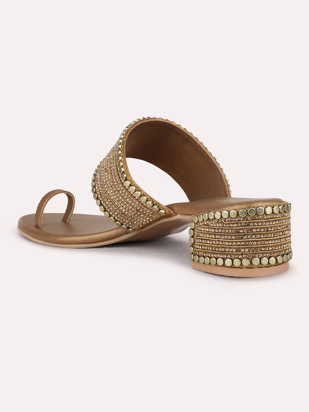 Womens Golden Ethnic Pattern Embellished Round Toe Block Heels