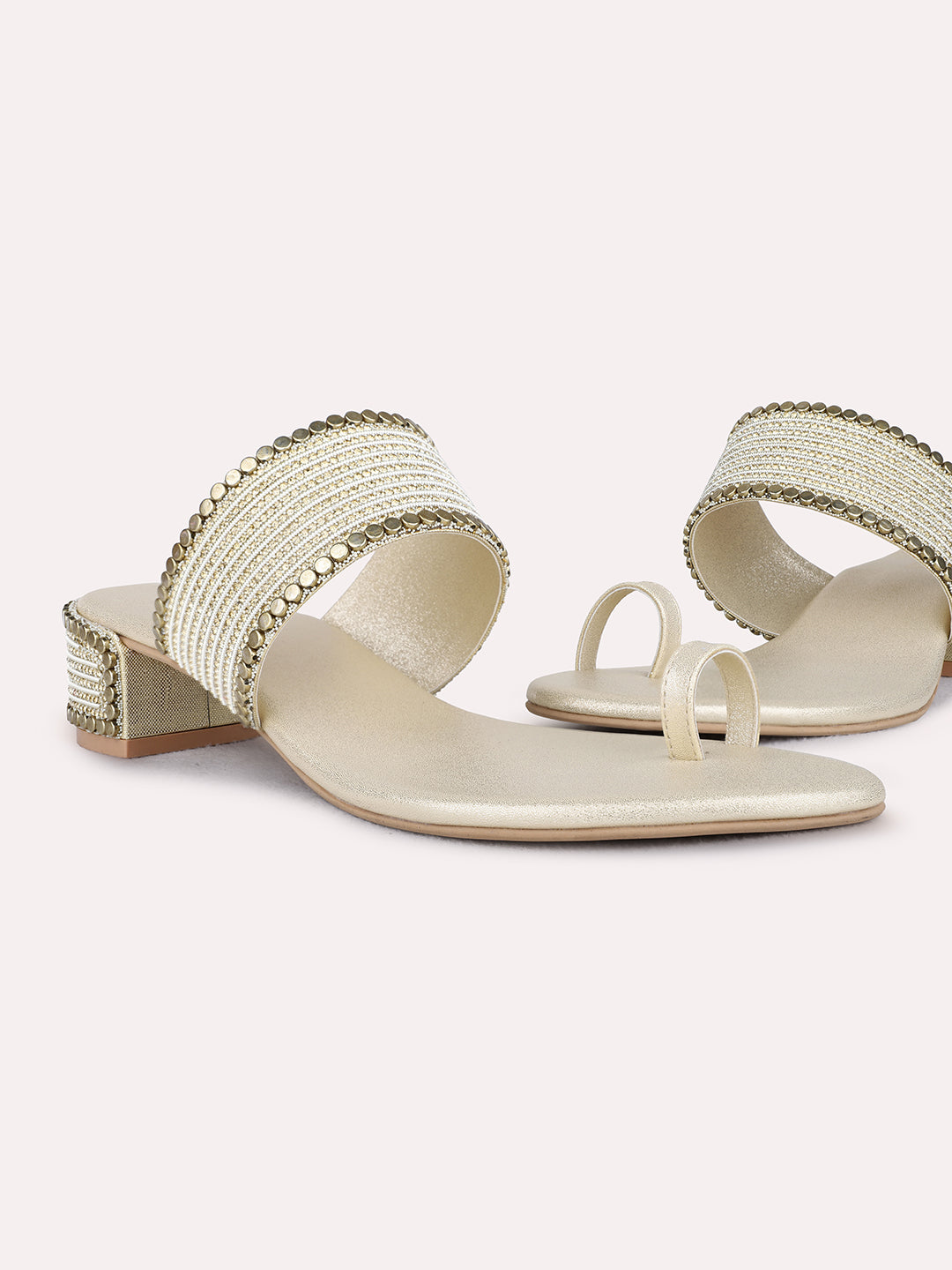 Womens Golden Ethnic Pattern Round Toe Block Heels