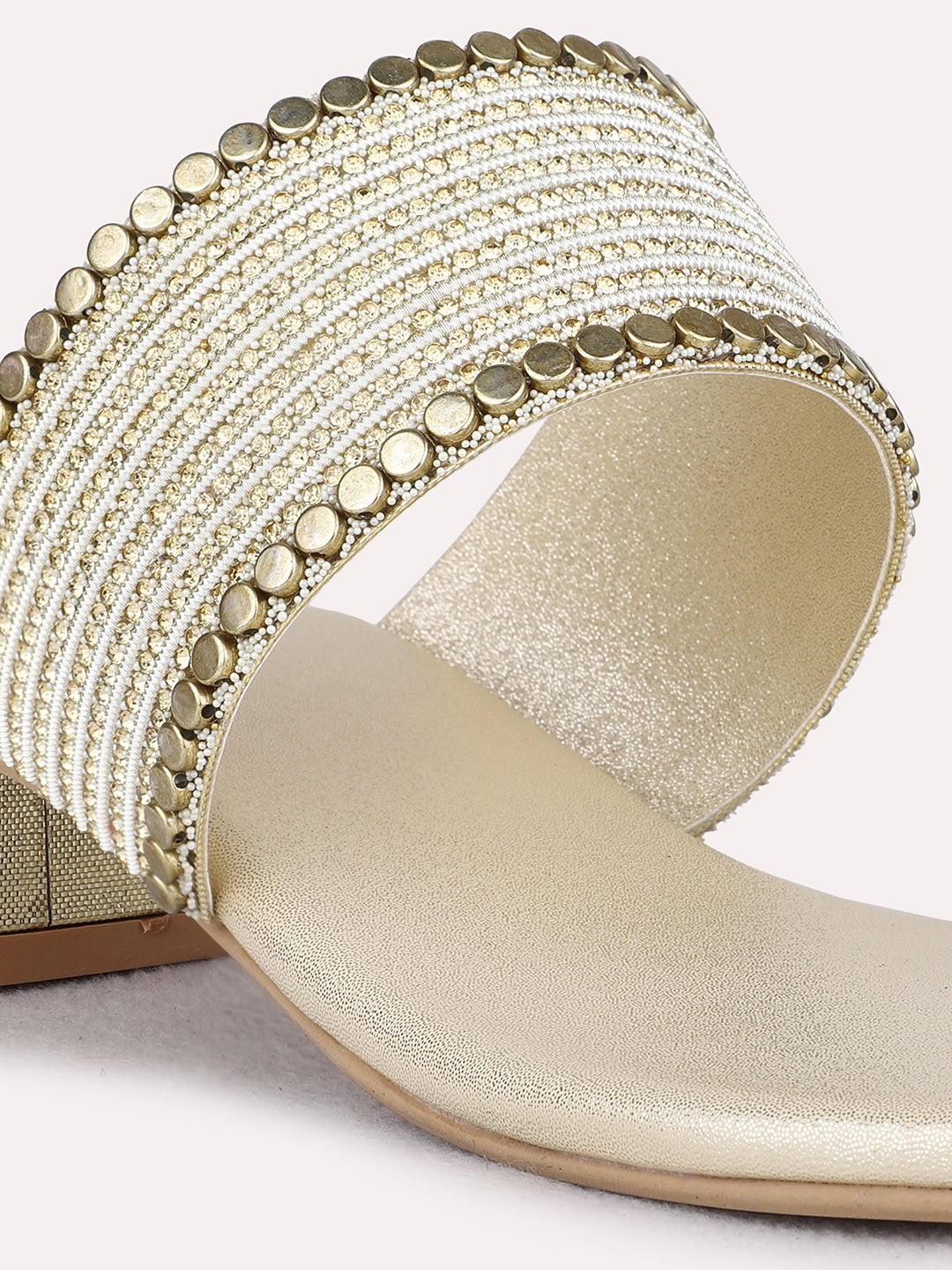 Womens Golden Ethnic Pattern Round Toe Block Heels