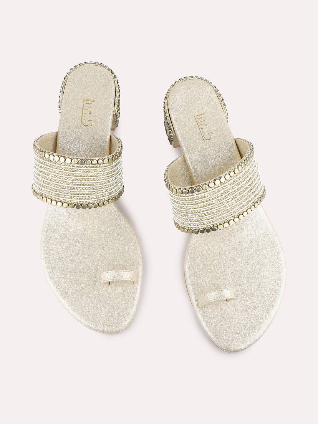 Womens Golden Ethnic Pattern Round Toe Block Heels