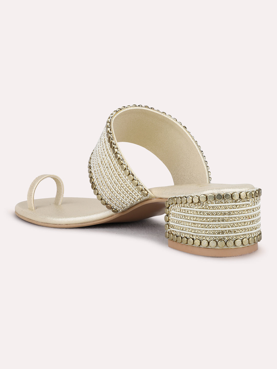 Womens Golden Ethnic Pattern Round Toe Block Heels
