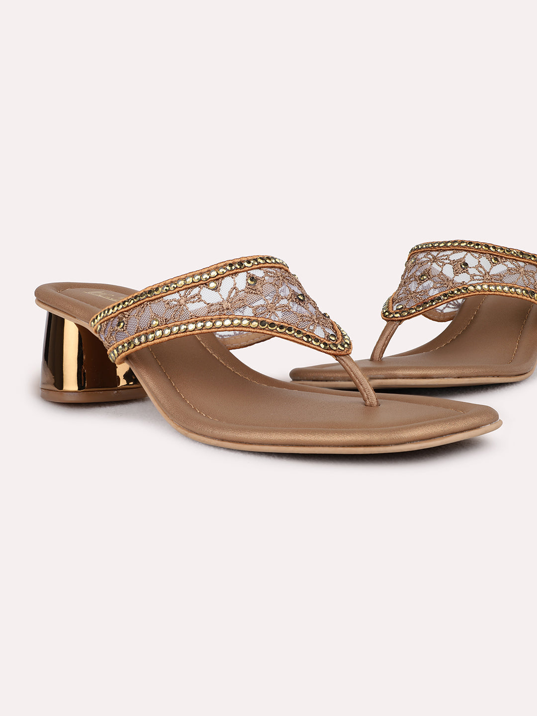 Womens Golden Ethnic Embellished Square Toe Block Heel Sandals