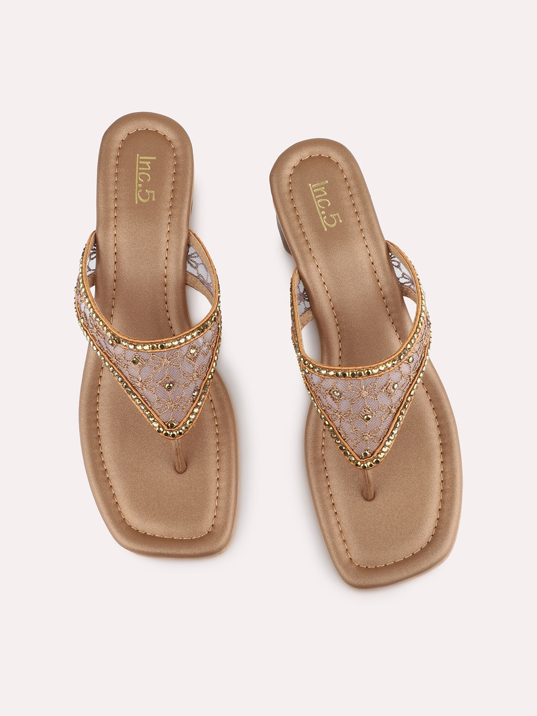 Womens Golden Ethnic Embellished Square Toe Block Heels
