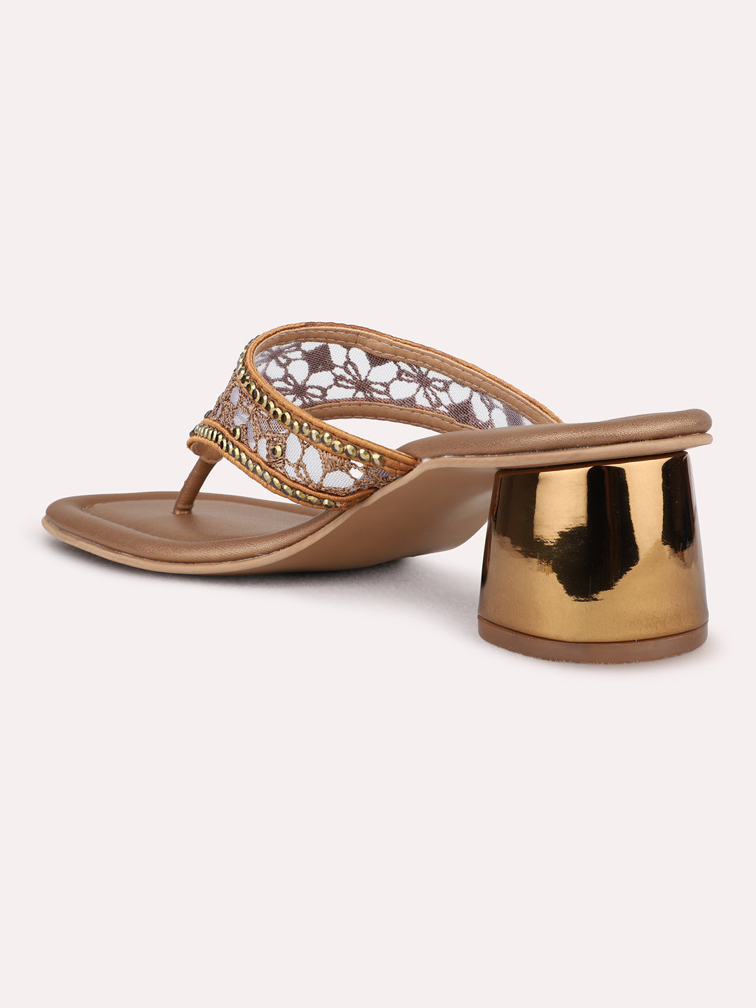 Womens Golden Ethnic Embellished Square Toe Block Heels