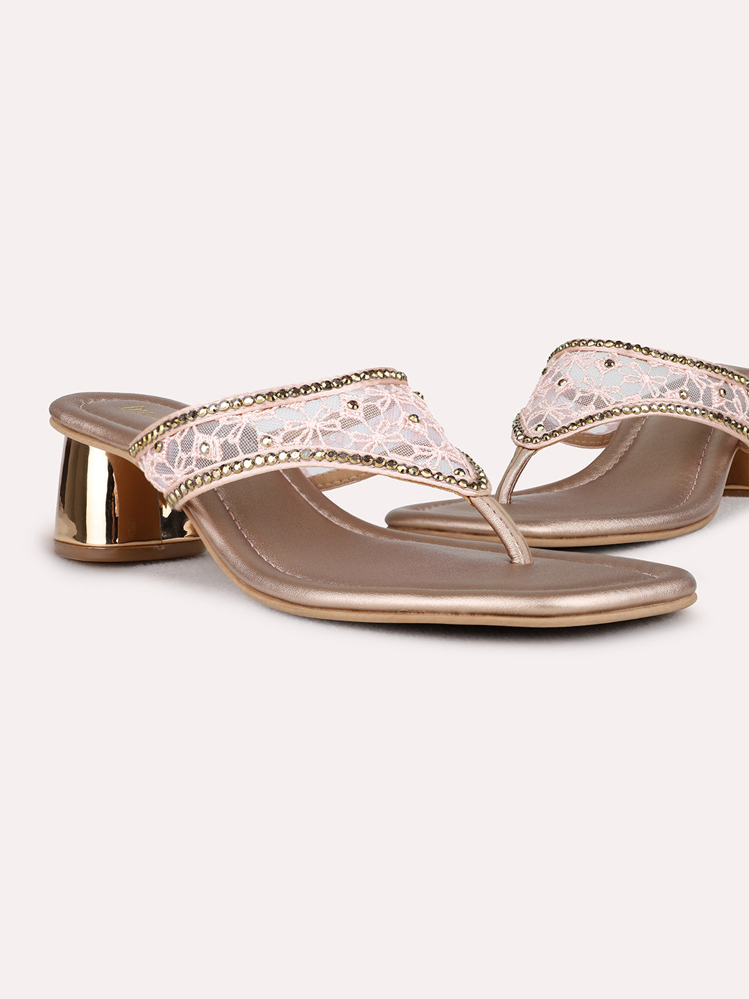 Womens Rose Gold Ethnic Embellished Square Toe Block Heel Sandals
