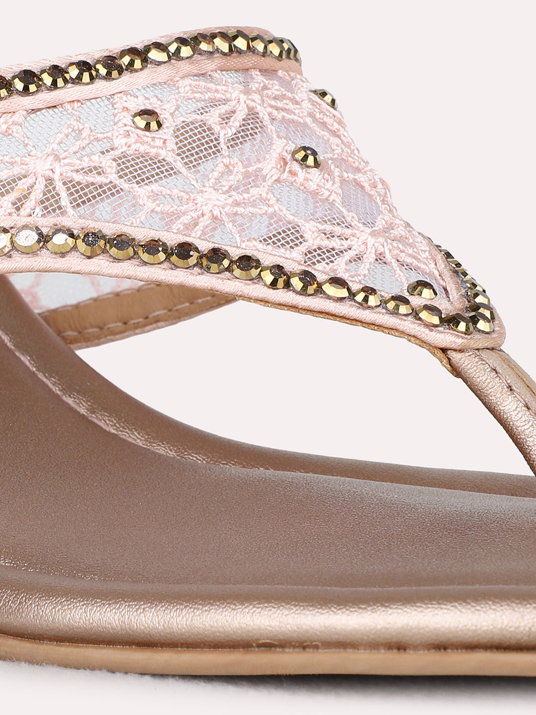 Womens Rose Gold Ethnic Embellished Square Toe Block Heel Sandals