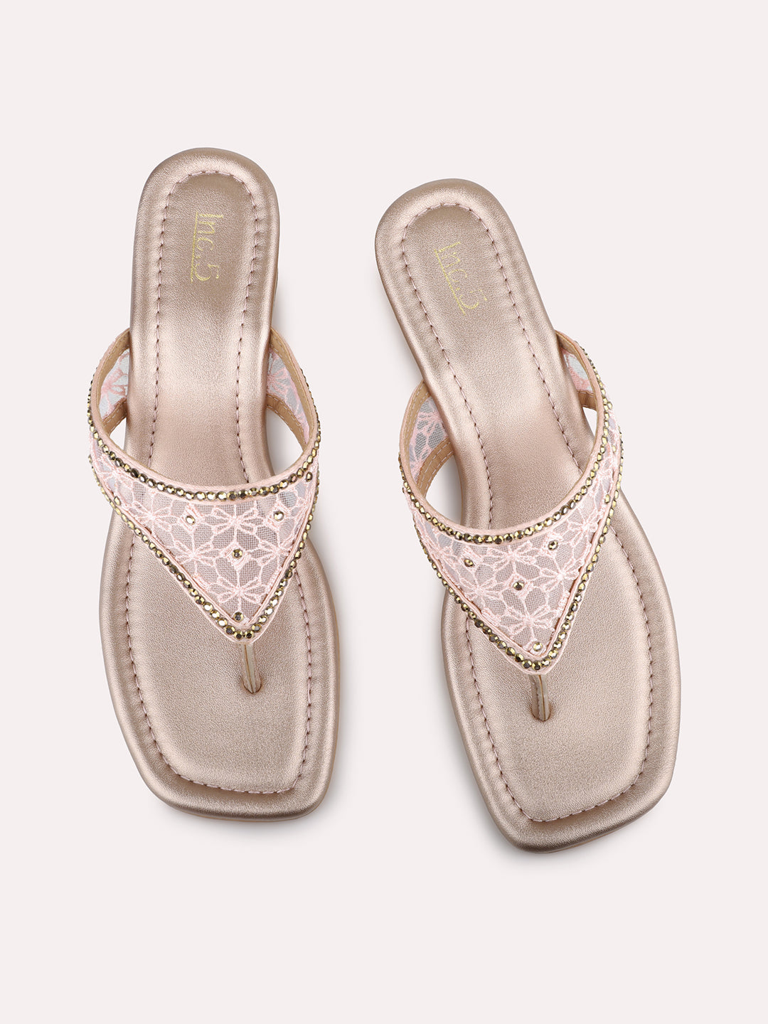 Womens Rose Gold Ethnic Embellished Square Toe Block Heel Sandals