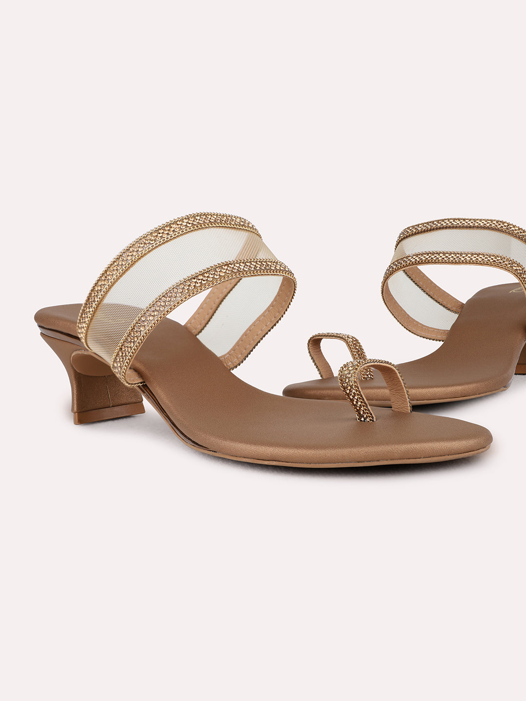 Womens Golden Party Wear Embellished Square Toe Kitten Heel Sandals