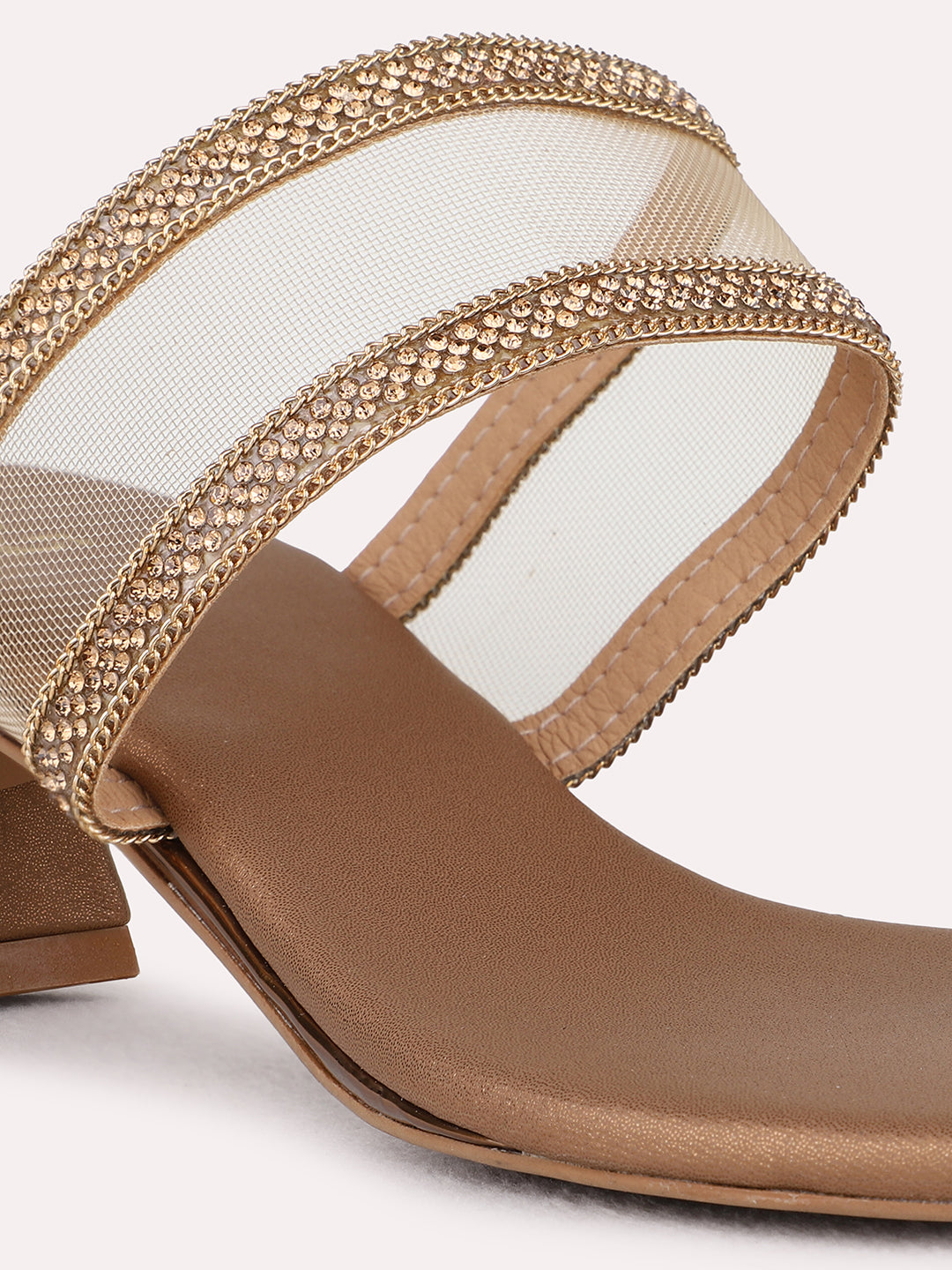 Womens Golden Party Wear Embellished Square Toe Kitten Heel Sandals