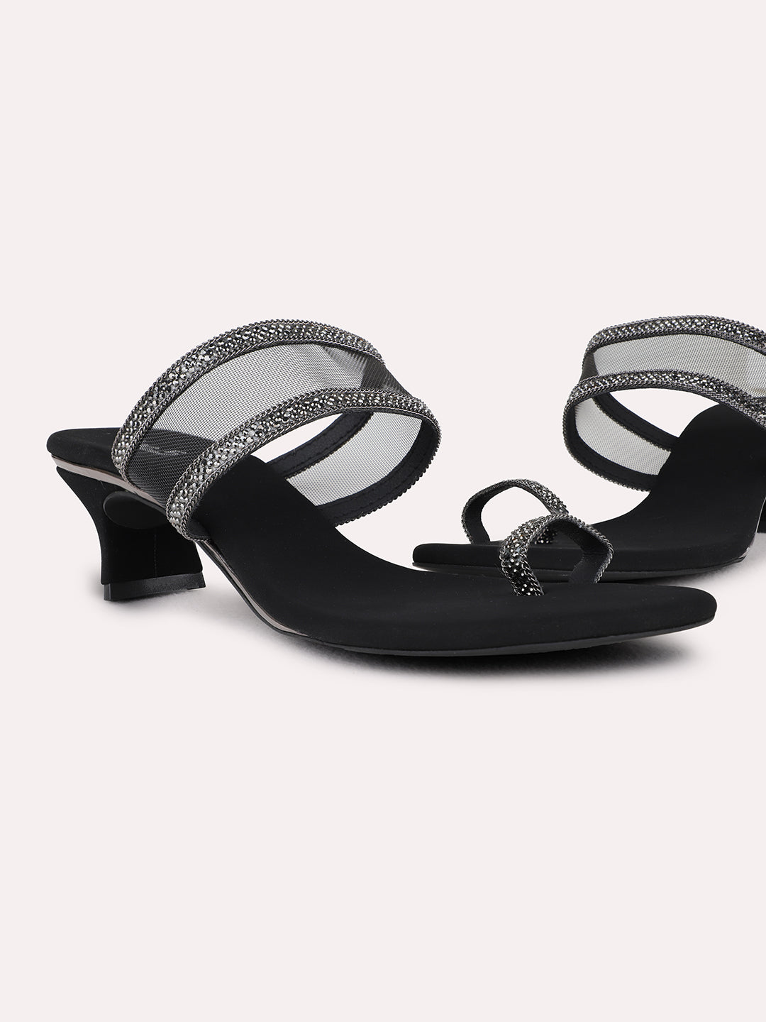 Womens Black Party Wear Embellished Square Toe Kitten Heel Sandals