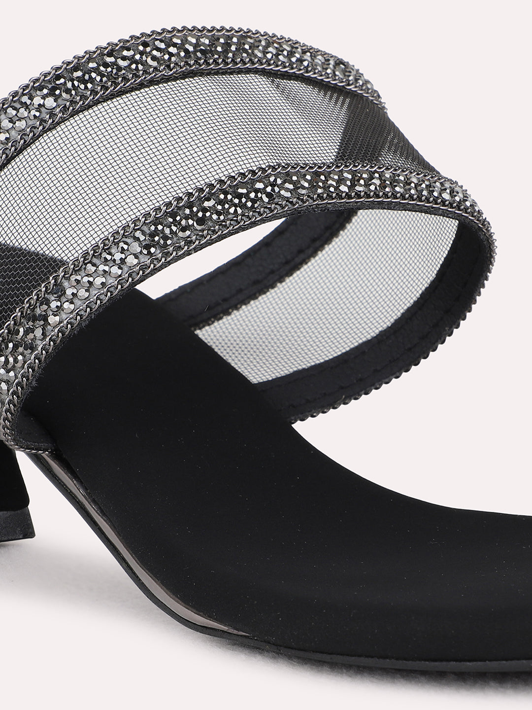 Womens Black Party Wear Embellished Square Toe Kitten Heel Sandals