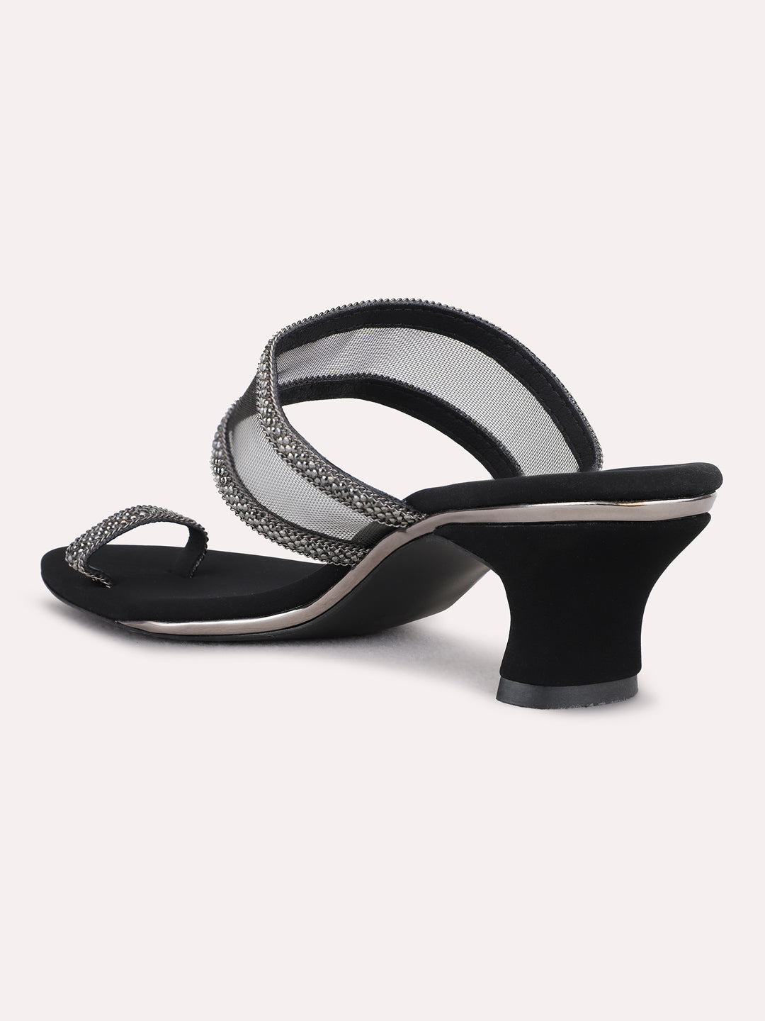 Womens Black Party Wear Embellished Square Toe Kitten Heel Sandals