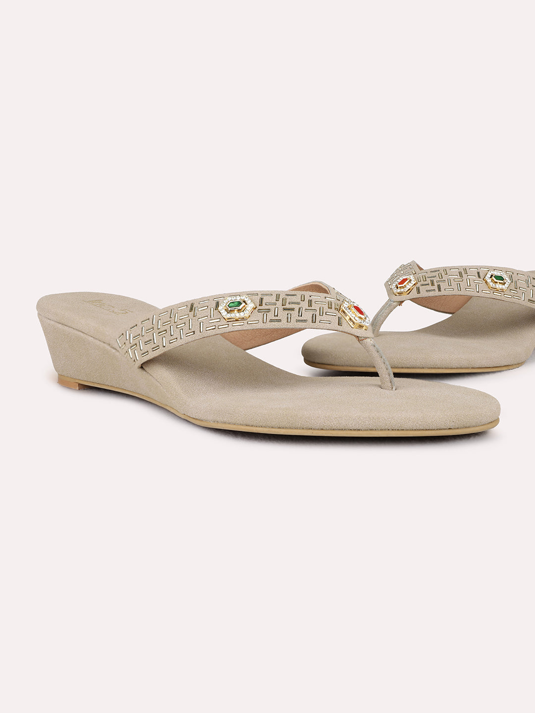 Womens Beige Ethnic Wear Embellished Round Toe Wedge Heel Sandals