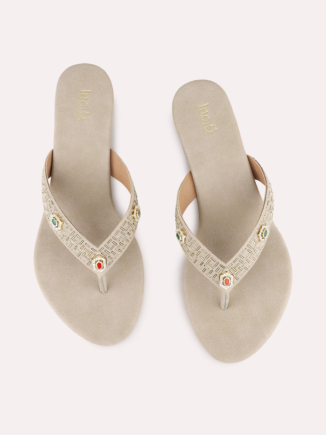 Womens Beige Ethnic Wear Embellished Round Toe Wedge Heel Sandals