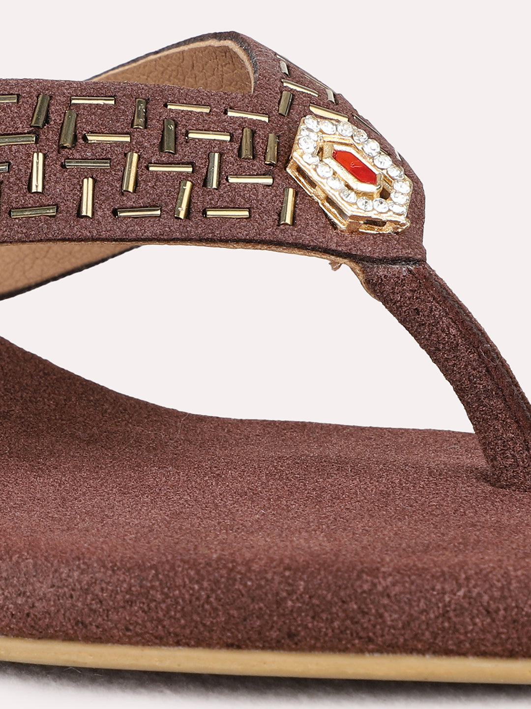 Womens Brown Ethnic Wear Embellished Round Toe Wedge Heel Sandals