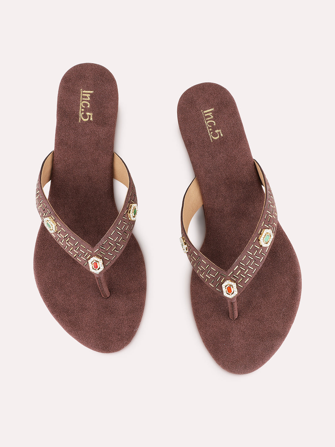 Womens Brown Ethnic Wear Embellished Round Toe Wedge Heel Sandals