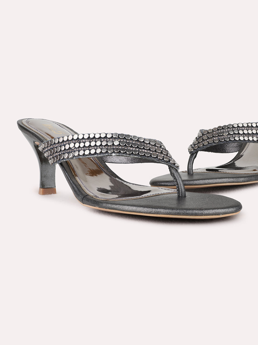 Womens Pewter Ethnic Wear Embellished Round Toe Kitten Heel Sandals