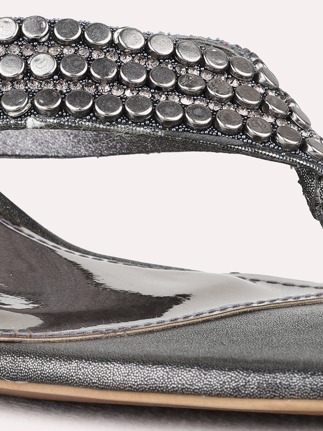 Womens Pewter Ethnic Wear Embellished Round Toe Kitten Heel Sandals