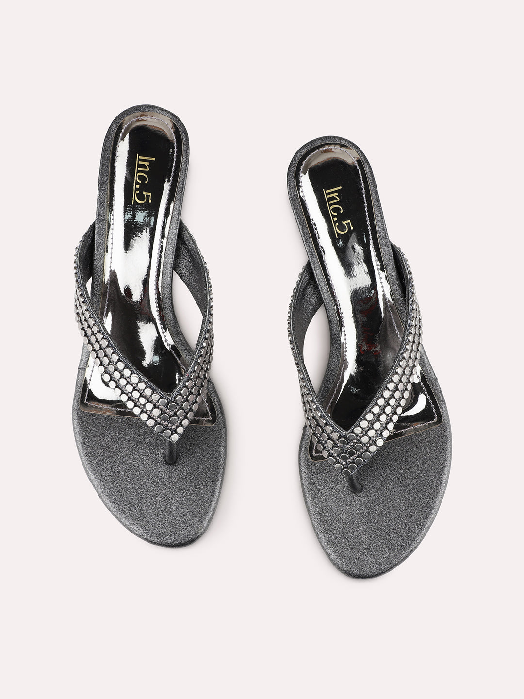 Womens Pewter Ethnic Wear Embellished Round Toe Kitten Heel Sandals
