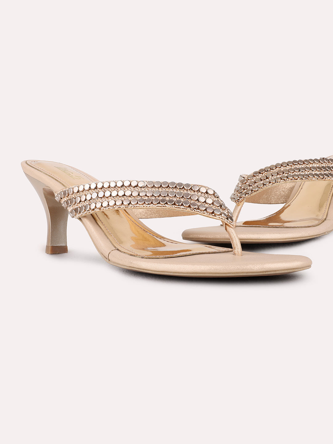 Womens Rose Gold Ethnic Wear Embellished Round Toe Kitten Heel Sandals