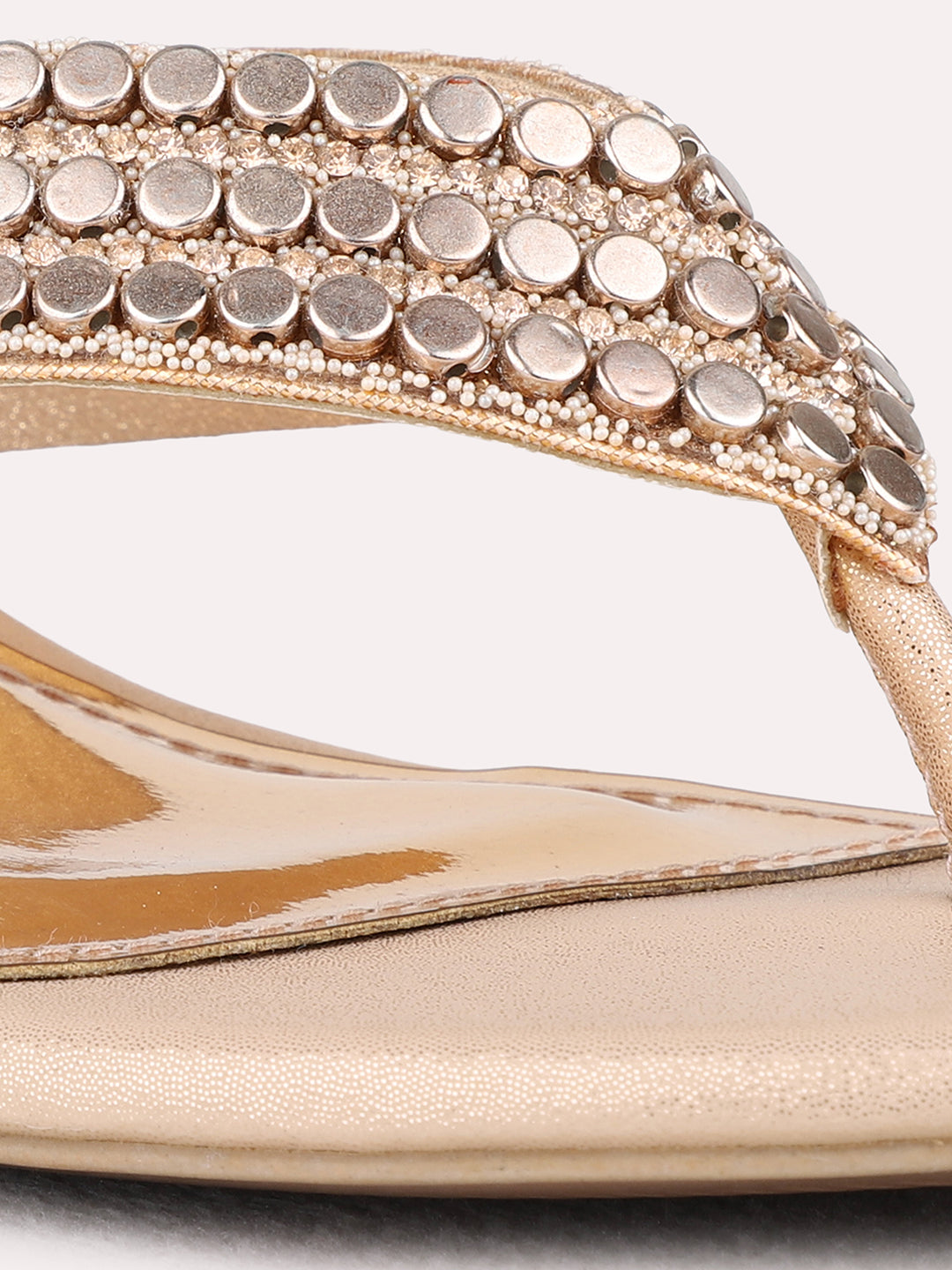 Womens Rose Gold Ethnic Wear Embellished Round Toe Kitten Heel Sandals