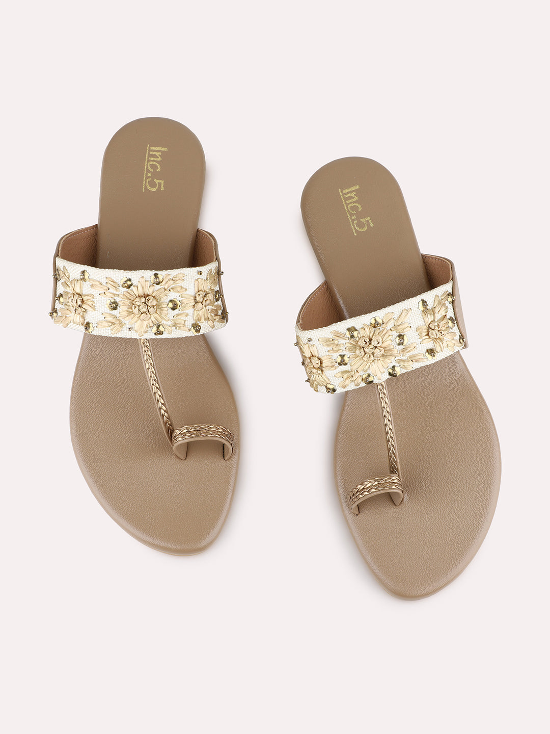 Womens Golden Ethnic Wear Embellished Round Toe Block Heel Sandals