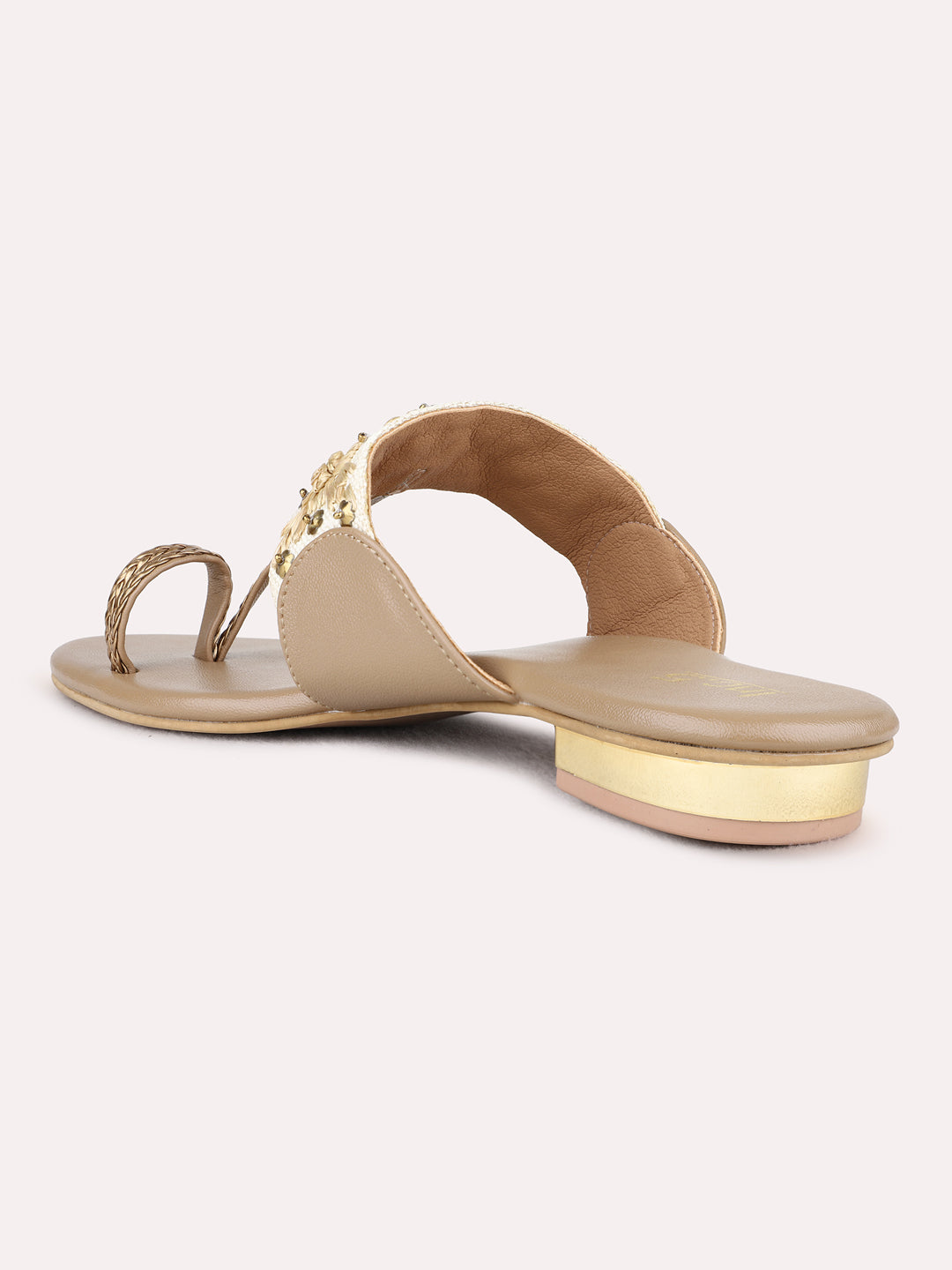 Womens Golden Ethnic Wear Embellished Round Toe Block Heel Sandals