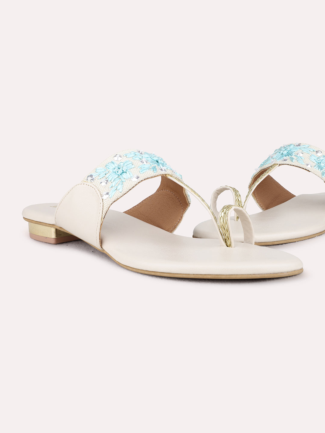 Womens Cream Ethnic Wear Embellished Round Toe Block Heel Sandals