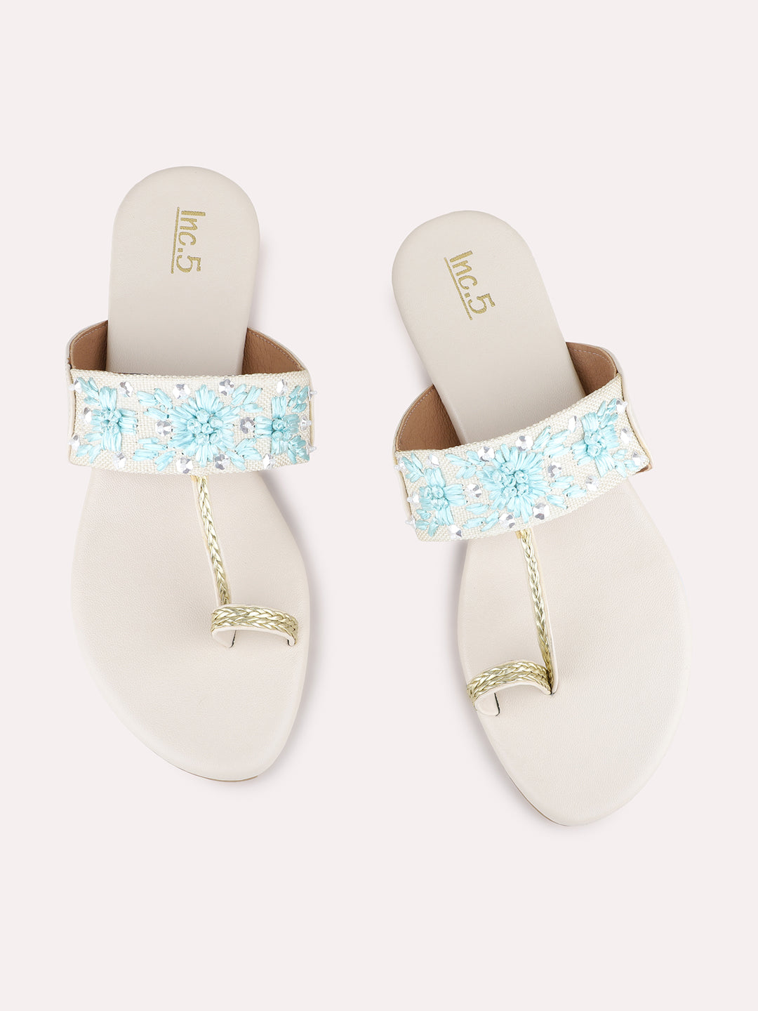 Womens Cream Ethnic Wear Embellished Round Toe Block Heel Sandals